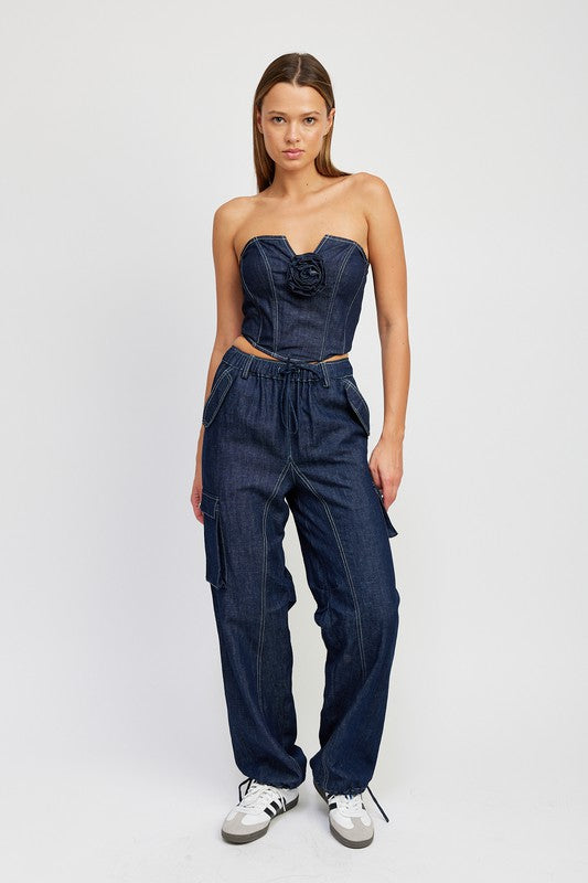 EMORY PARK Denim Tube Top with Rosette Detail