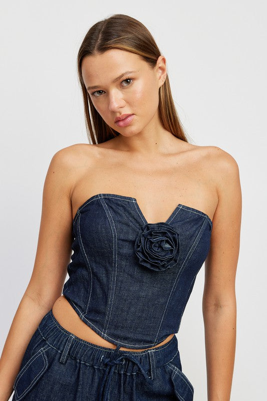 EMORY PARK Denim Tube Top with Rosette Detail