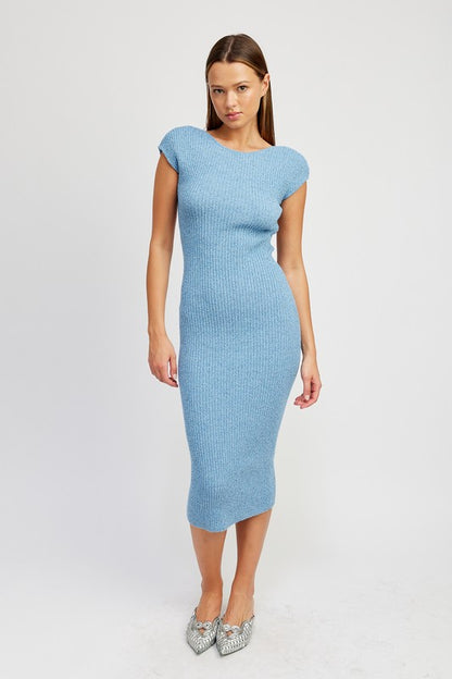 EMORY PARK Cap Sleeves Open-back Knit Bodycon Dress