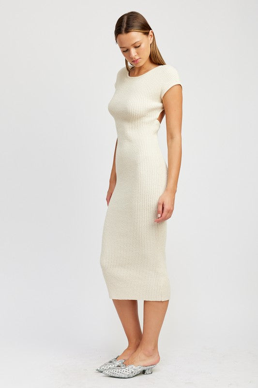 EMORY PARK Cap Sleeves Open-back Knit Bodycon Dress