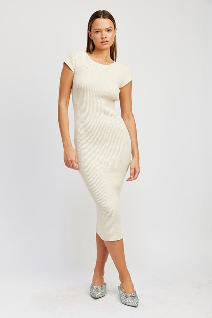 EMORY PARK Cap Sleeves Open-back Knit Bodycon Dress