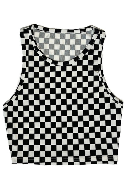 MISS SPARKLING Cropped Checker Printed Rib Knit Tank