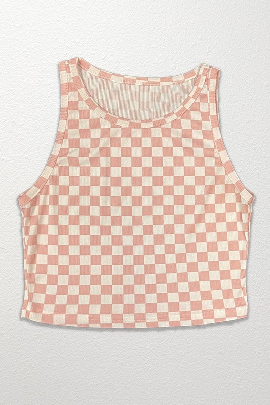 MISS SPARKLING Cropped Checker Printed Rib Knit Tank