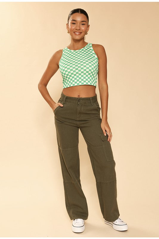 MISS SPARKLING Cropped Checker Printed Rib Knit Tank