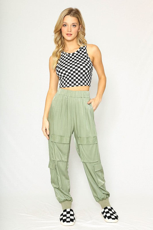 MISS SPARKLING Cropped Checker Printed Rib Knit Tank