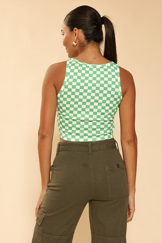 MISS SPARKLING Cropped Checker Printed Rib Knit Tank