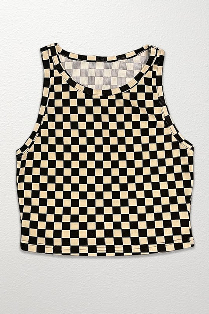 MISS SPARKLING Cropped Checker Printed Rib Knit Tank