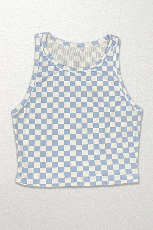 MISS SPARKLING Cropped Checker Printed Rib Knit Tank