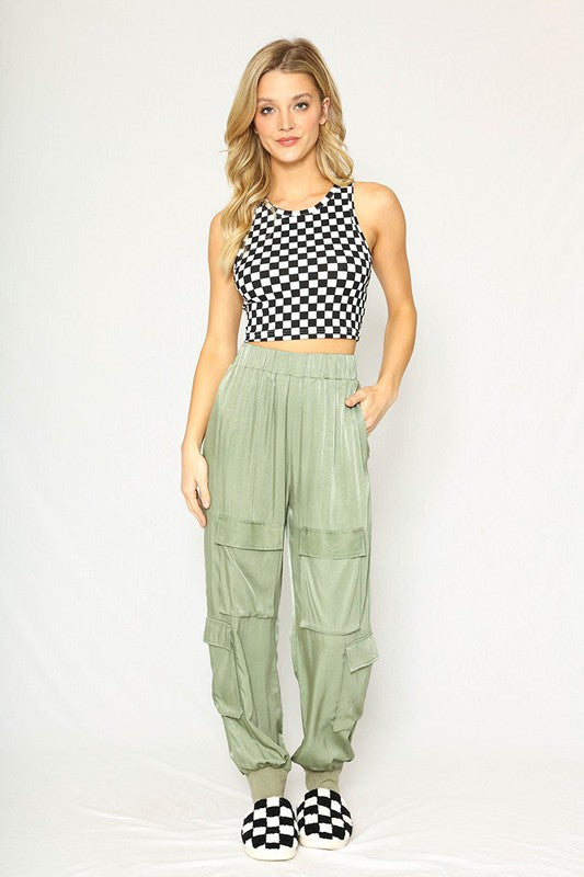 MISS SPARKLING Cropped Checker Printed Rib Knit Tank