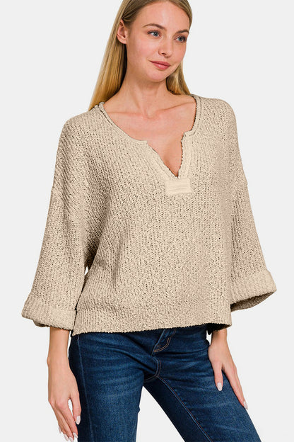 ZENANA Mocha Notched Side Slit Patch Sweater