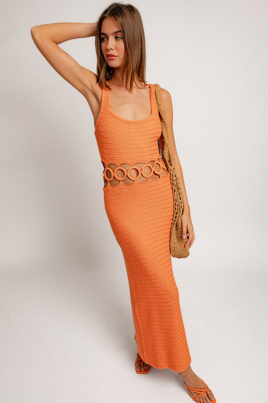 LE LIS Square Neck Sleeveless Boho Crochet Midi Dress