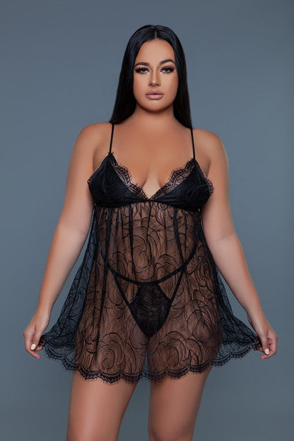 Wicked Women's Black Plus-size Daisy 2 Piece Babydoll Lingerie