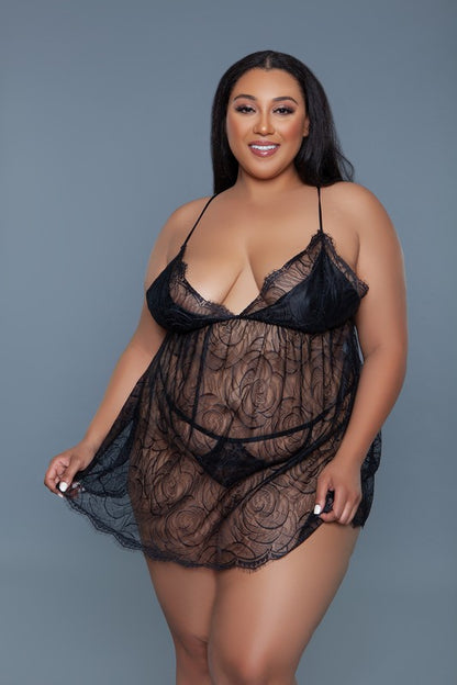 Wicked Women's Black Plus-size Daisy 2 Piece Babydoll Lingerie