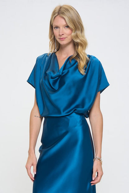 Renee C. Women's Teal Satin Cowl Neck Short Sleeve Top