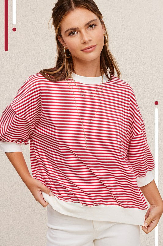 LA MIEL Crew Neck Stripe Short Sleeve Top