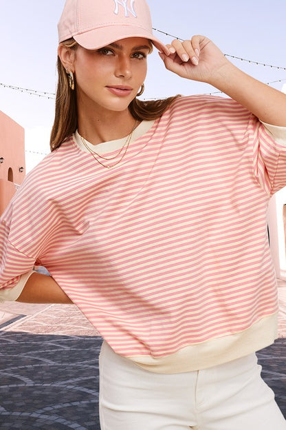 LA MIEL Crew Neck Stripe Short Sleeve Top