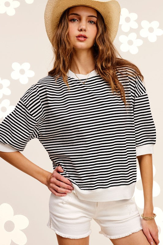 LA MIEL Crew Neck Stripe Short Sleeve Top