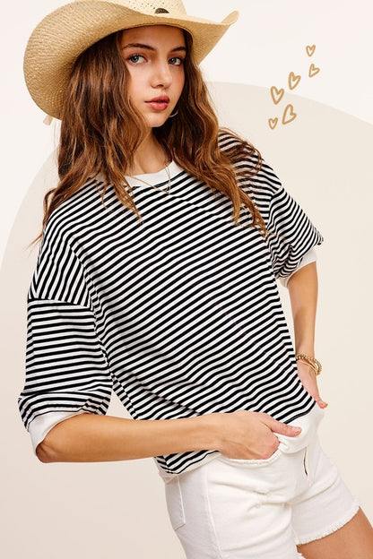 LA MIEL Crew Neck Stripe Short Sleeve Top