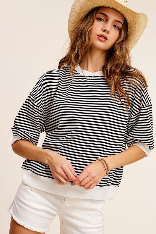 LA MIEL Crew Neck Stripe Short Sleeve Top