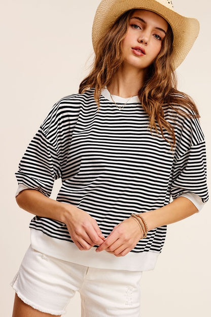 LA MIEL Crew Neck Stripe Short Sleeve Top