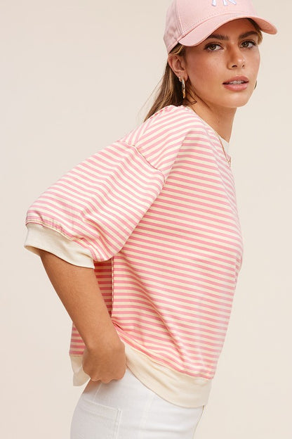 LA MIEL Crew Neck Stripe Short Sleeve Top