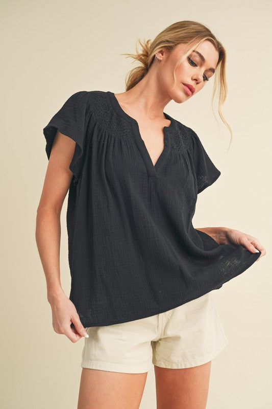 AEMI & Co. Thia Embroidered Short Sleeve Top