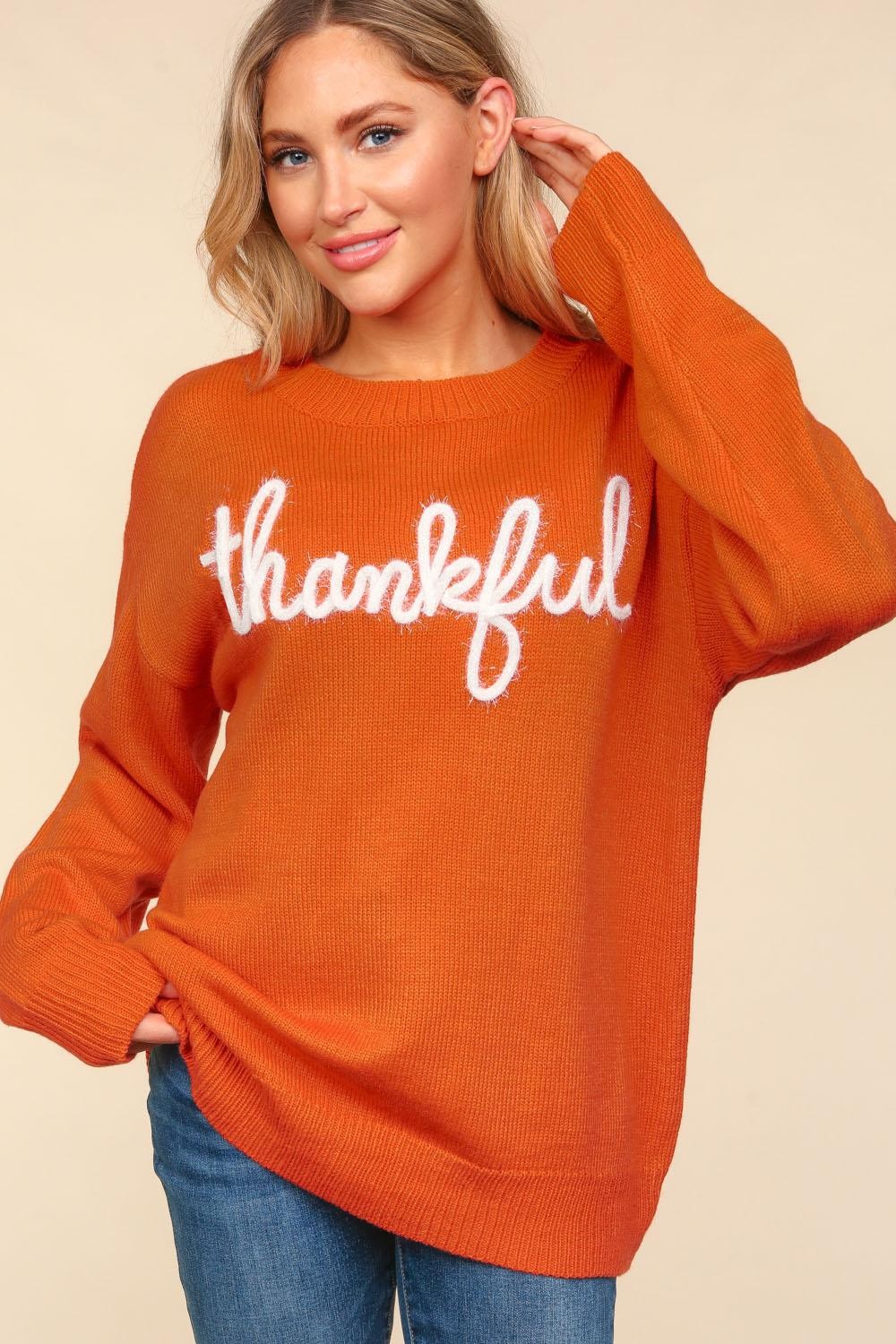 HAPTICS Full Size Orange-red "Thankful" Graphic Sweater written in Metallic Glitter Embroidery Sweater