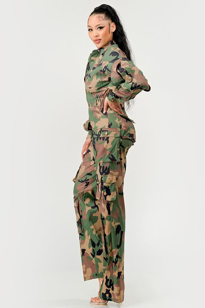 ATHINA Cargo CAMO Ruffle Sleeve Jumpsuit with Side Waist Elastic