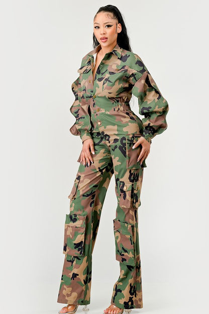 ATHINA Cargo CAMO Ruffle Sleeve Jumpsuit with Side Waist Elastic