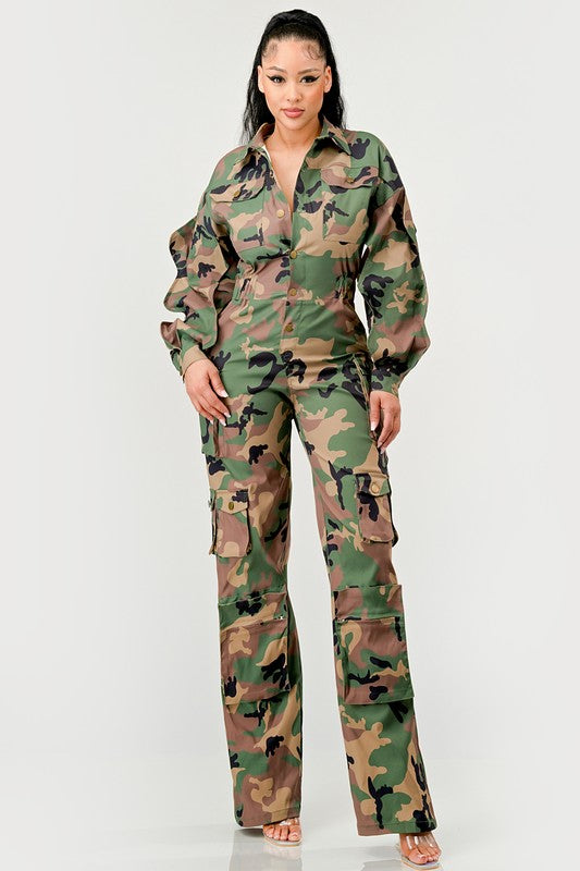 ATHINA Cargo CAMO Ruffle Sleeve Jumpsuit with Side Waist Elastic