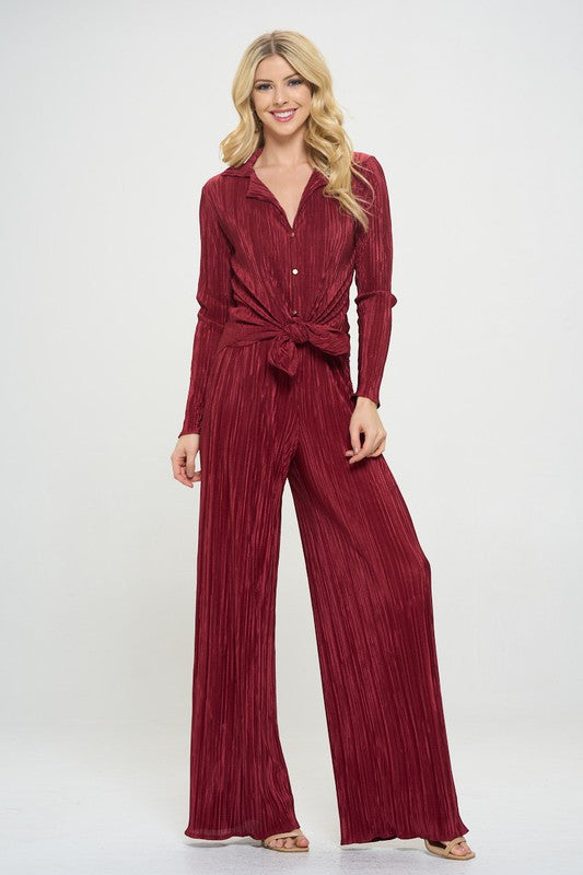 RENEE C. Red Vibrant Plisse Lined Straight Pants