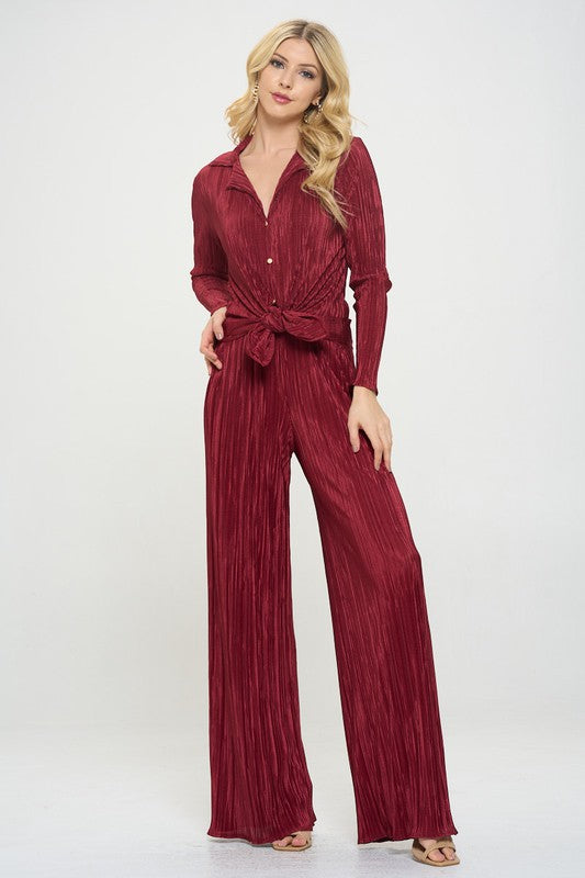 RENEE C. Red Vibrant Plisse Lined Straight Pants