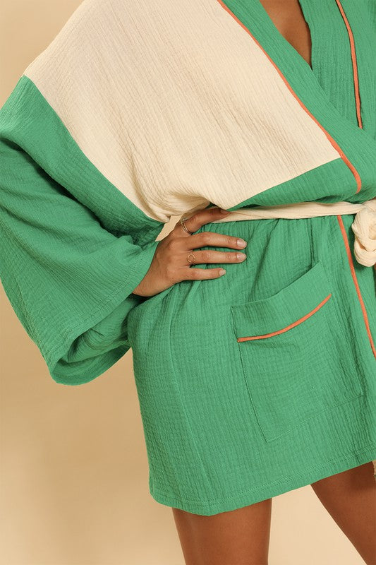 MISS SPARKLING Green Two-tone Belted kimono