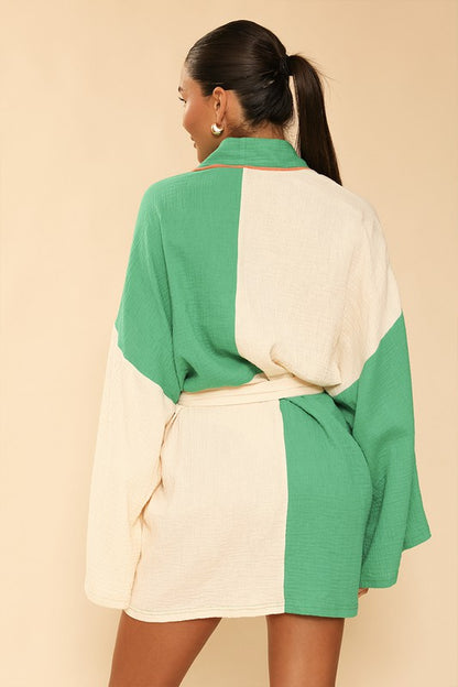 MISS SPARKLING Green Two-tone Belted kimono