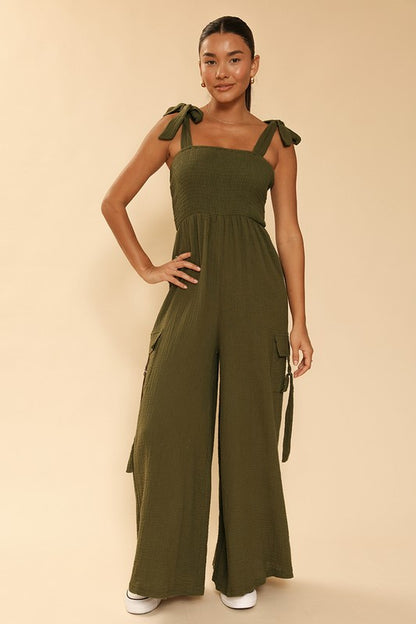 MISS SPARKLING Smocked Wide Leg Cargo Jumpsuit