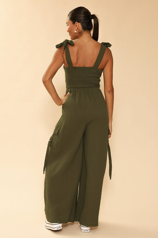 MISS SPARKLING Smocked Wide Leg Cargo Jumpsuit