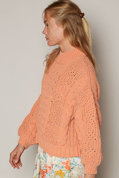 POL Coral Tangerine Mock Neck Cable Knit Sweater