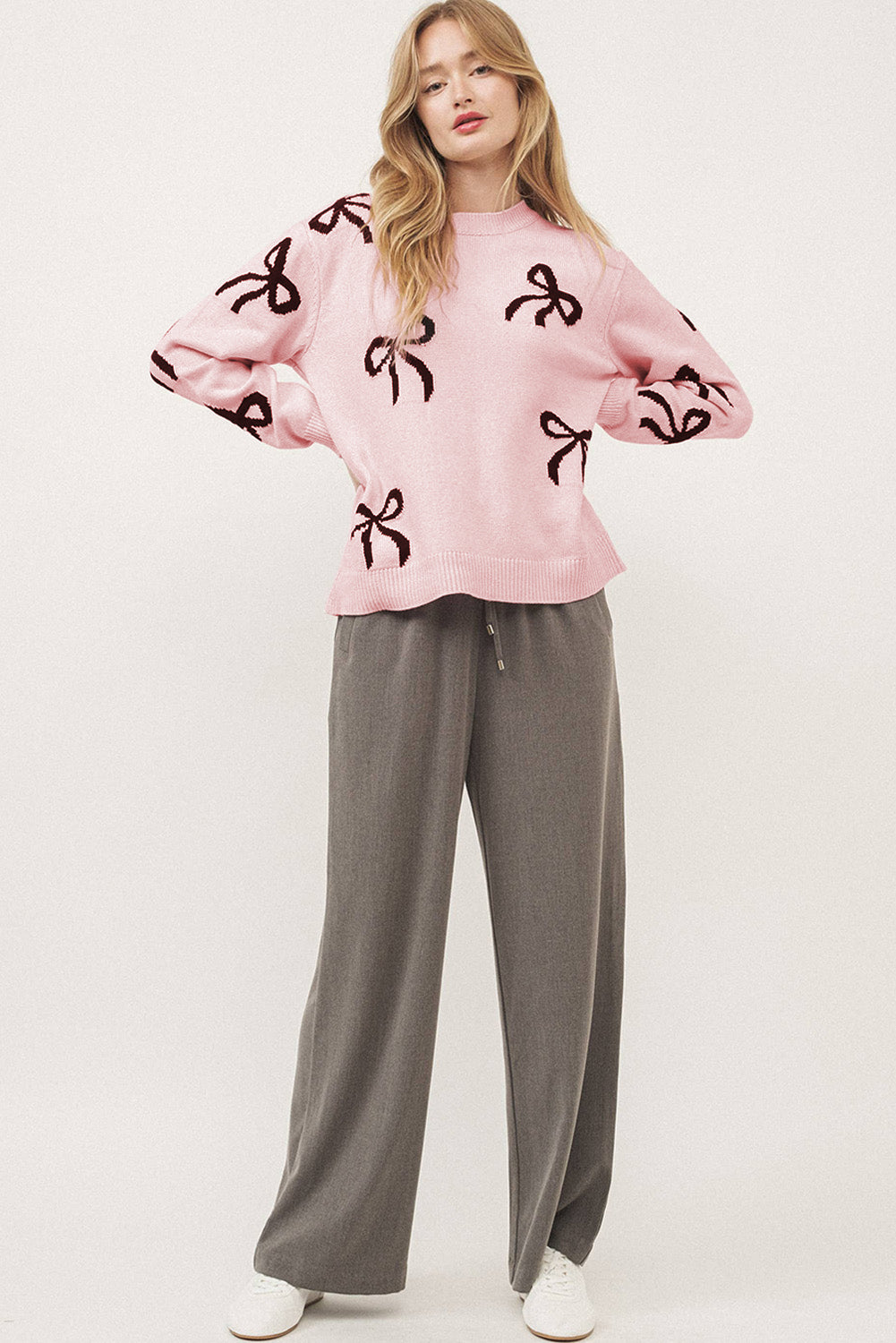 SYNZ Blush Pink Winter Sweater with Bow Pattern Bow