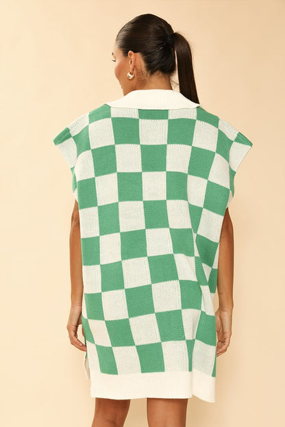 MISS SPARKLING Green-White Checker knit poncho Dress