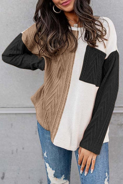 EG FASHION Cable knit color block round neck sweater