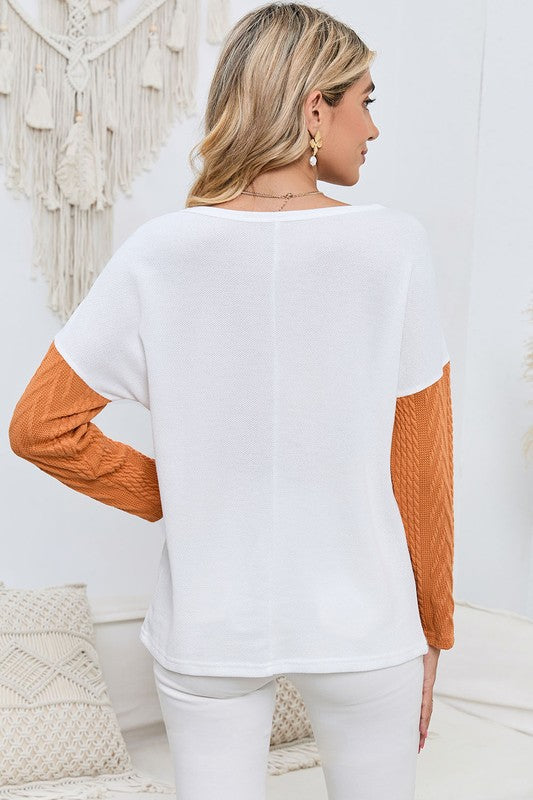 EG FASHION Cable knit color block round neck sweater