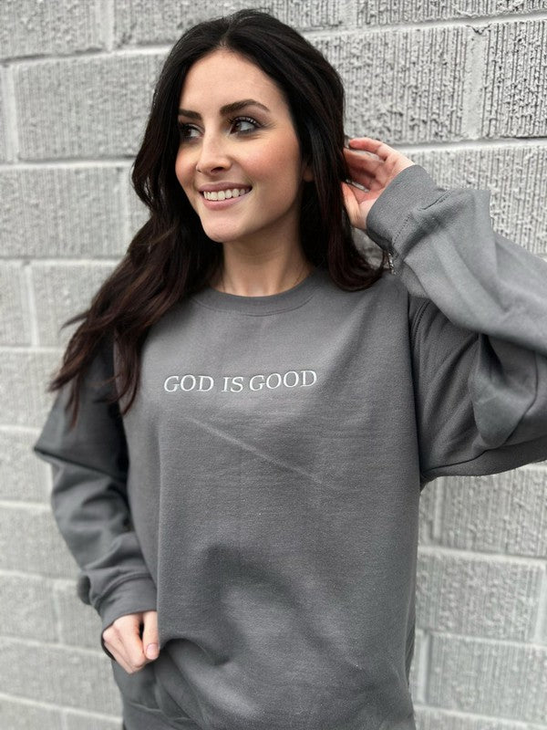 ASK APPAREL God Is Good Embroidered Sweatshirt