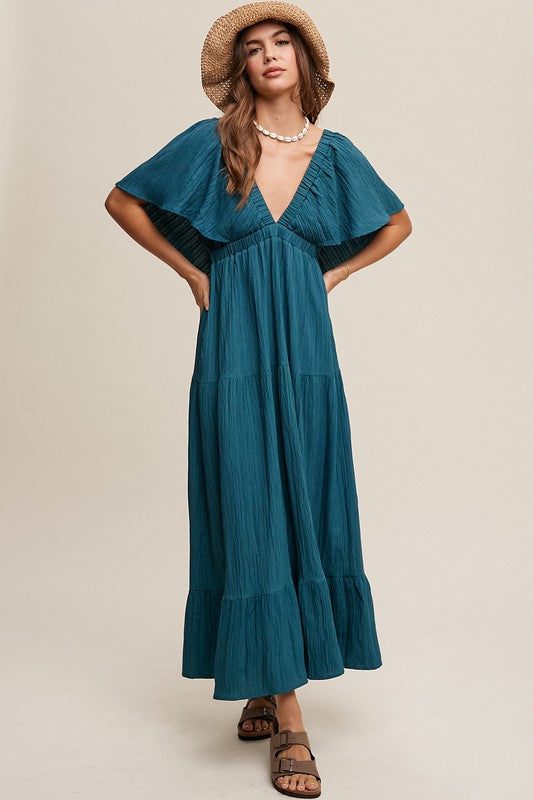 LISTICLE Wide V-neckline Ruffle Sleeves Flowy A-line Vacation Dress