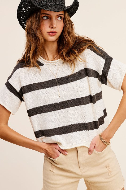 LA MIEL Lightweight Stripe Sweater Short Sleeve Top