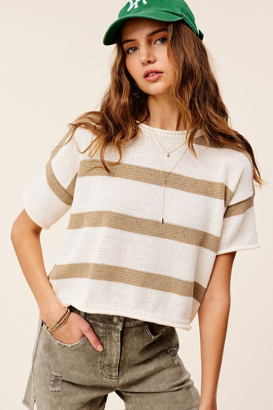 LA MIEL Lightweight Stripe Sweater Short Sleeve Top