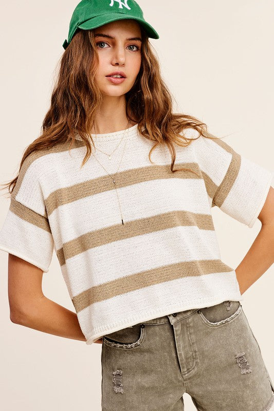 LA MIEL Lightweight Stripe Sweater Short Sleeve Top