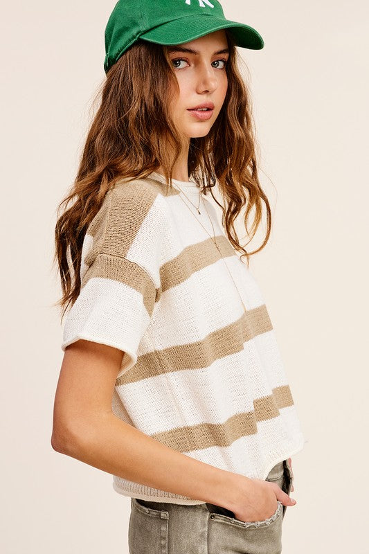 LA MIEL Lightweight Stripe Sweater Short Sleeve Top