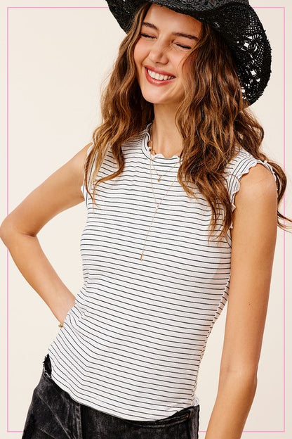 LA MIEL Brushed Stripe Ruffle Sleeve Top