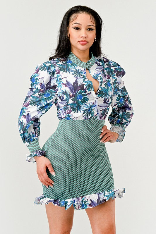 Athina Spring Floral Mesh Contrast Ruffle Mini Dress