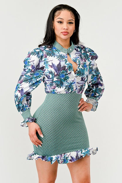 Athina Spring Floral Mesh Contrast Ruffle Mini Dress